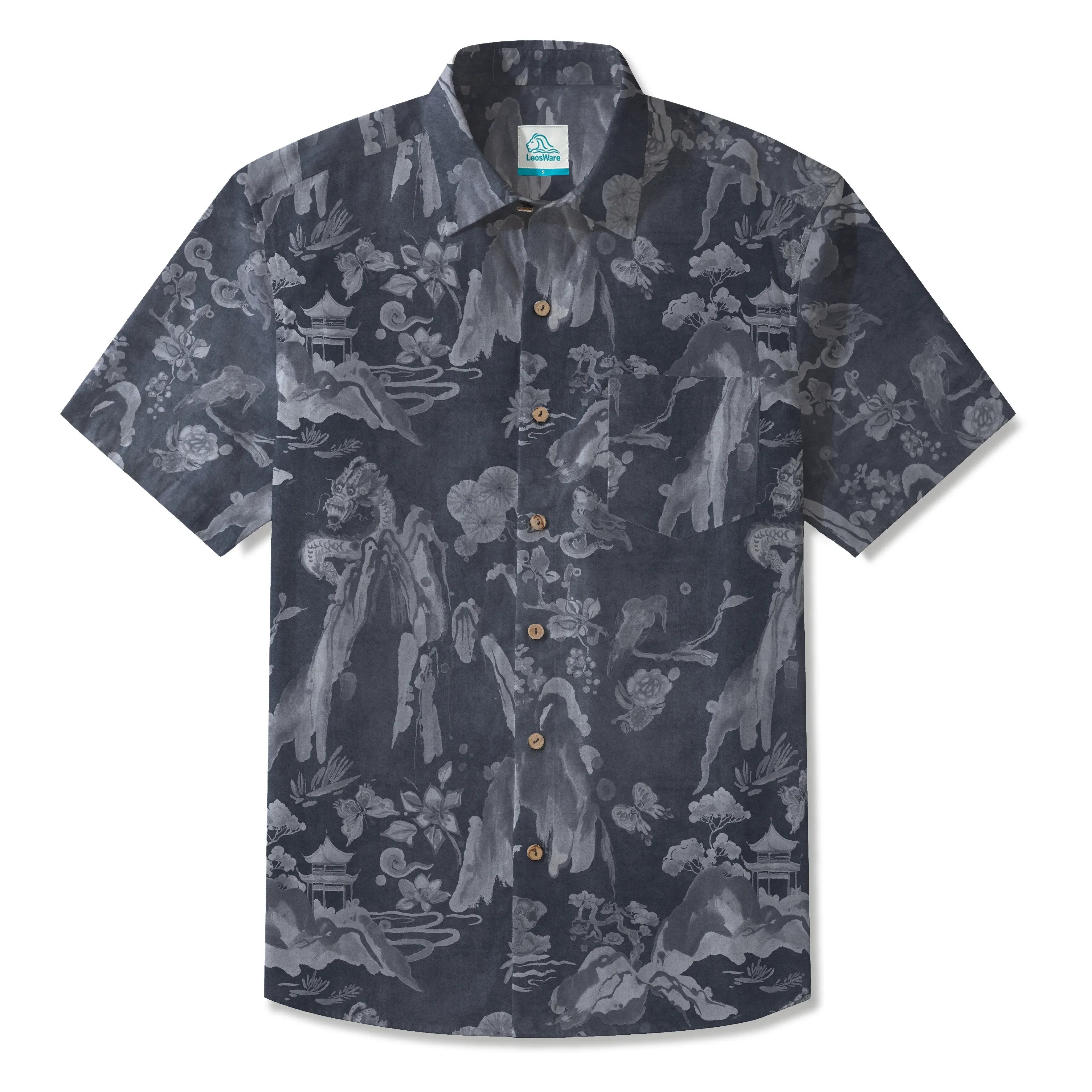 LeosWare® Men's Hawaiian Shirt Short Sleeve Button-up 100% Cotton Gray Aloha Eastern Mountain Ranges And Dragons By Patch