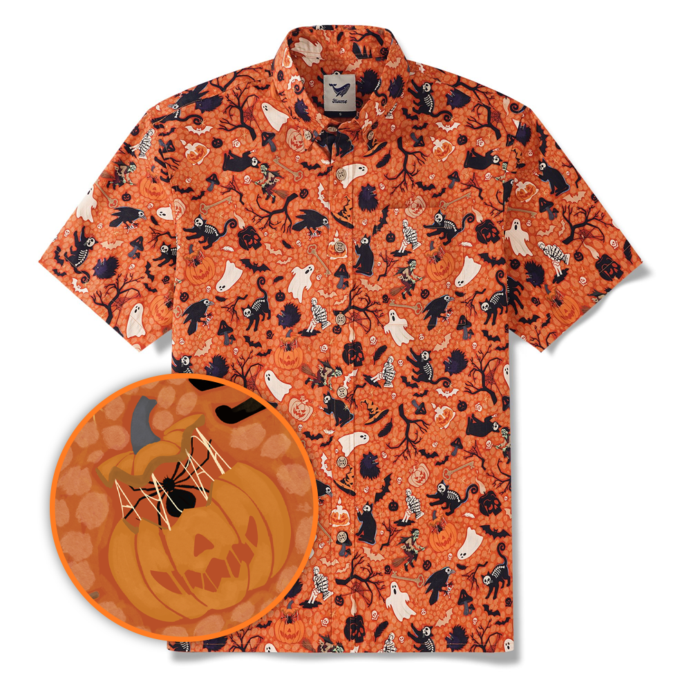 Halloween Gift Hawaiian Shirt For Men Orange Short Sleeve Button-down 100% Cotton Orange Aloha Shirt By Zeke