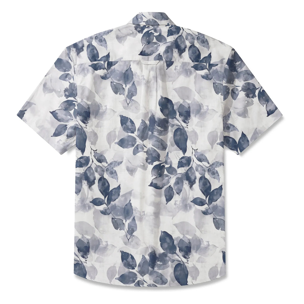 LeosWare® Men's Hawaiian Shirt Short Sleeve Button-up 100% Cotton Purple Aloha Ink Leaves And Sparse Shadows By Ann