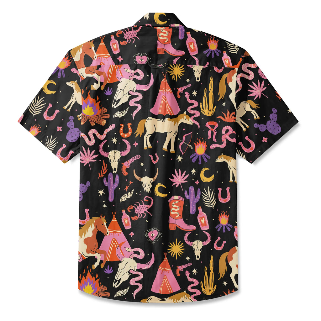 LeosWare® Men's Hawaiian Shirt Short Sleeve Button-up 100% Cotton Red Aloha Western Frontier Fairytale By Dudu
