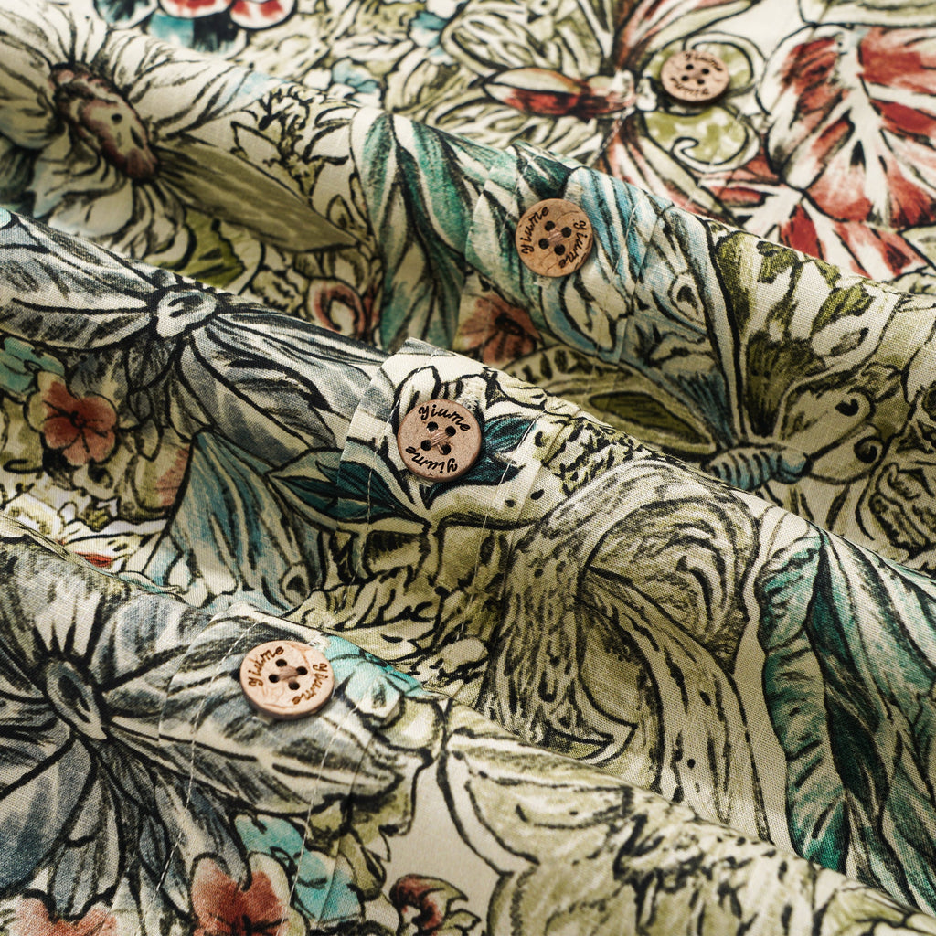 Men's Hawaiian Shirt Short Sleeve Button-down 100% Cotton Green Aloha Floral Butterfly By Yeti