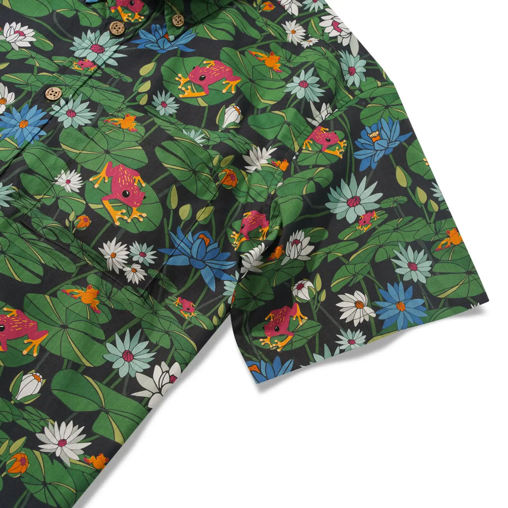 Men's Hawaiian Shirt Short Sleeve Button-down 100% Cotton Green Water Lily Aloha Happy Frogs By Diane Gosselin