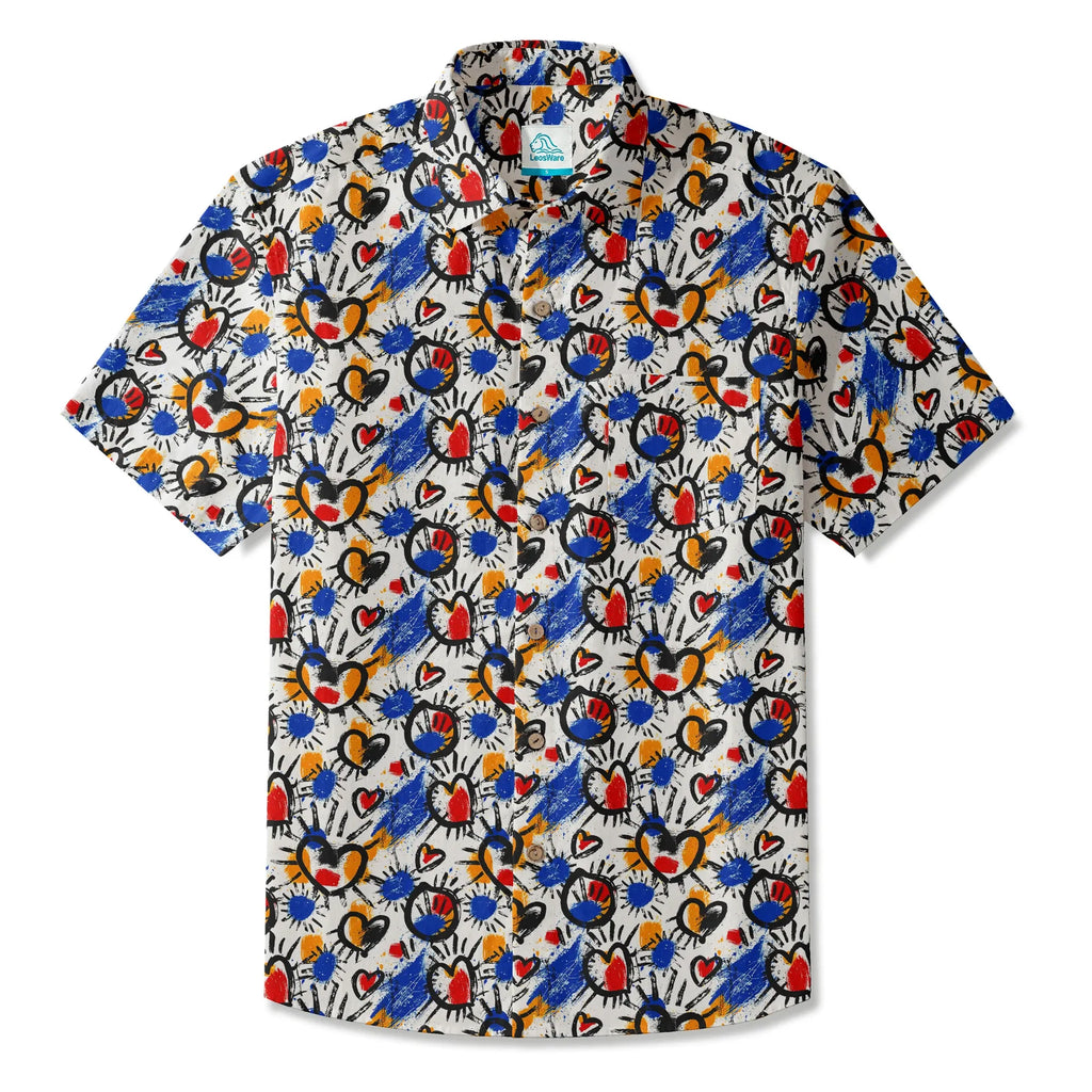 LeosWare® Men's Hawaiian Shirt Short Sleeve Button-up 100% Cotton White Aloha Color Clash Heart Mango By Ann