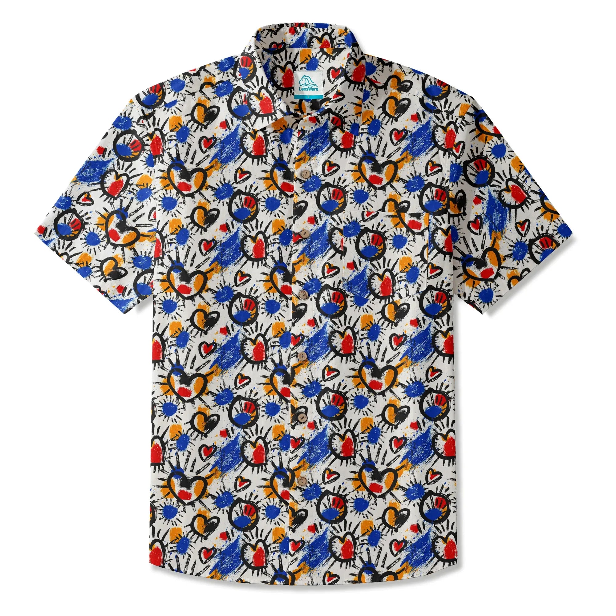 LeosWare® Men's Hawaiian Shirt Short Sleeve Button-up 100% Cotton White Aloha Color Clash Heart Mango By Ann