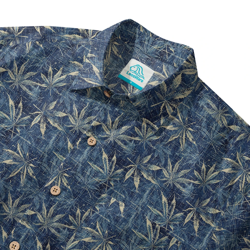LeosWare® Men's Leaf Hawaiian Shirt Short Sleeve Button-up 100% Cotton Blue Aloha Indigo Blue Linen Leaf Pattern By Ann