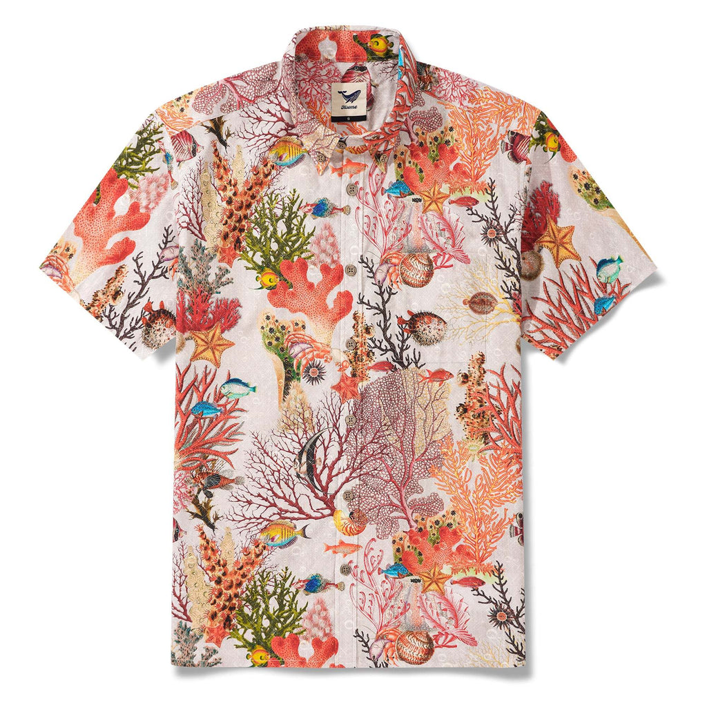Men's Hawaiian Shirt Short Sleeve Button-down 100% Cotton Beige Aloha Marine Fantasia By Yakima