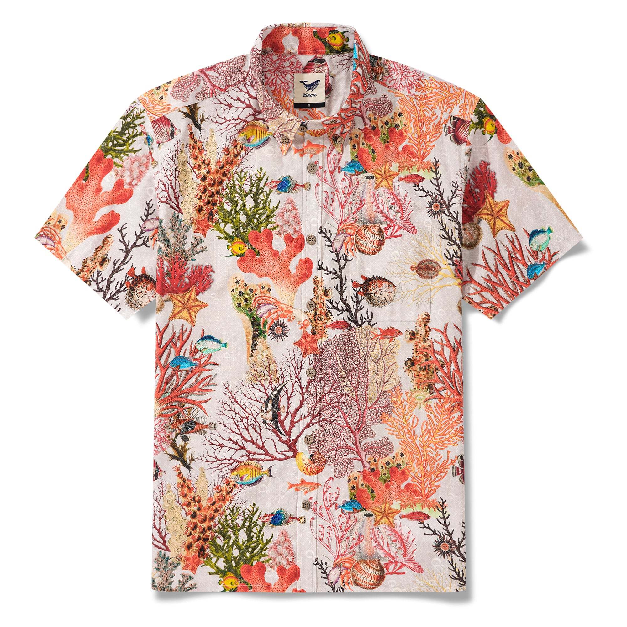 Men's Hawaiian Shirt Short Sleeve Button-down 100% Cotton Beige Aloha Marine Fantasia By Yakima