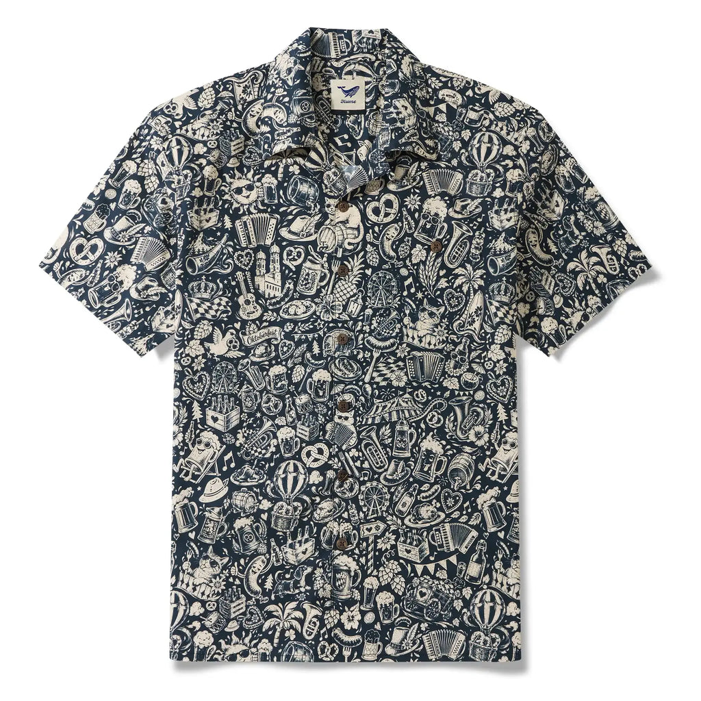 Men's Hawaiian Shirt Short Sleeve Camp Collar 100% Cotton Blue Aloha Vintage Beer Festival Cheer - Blue By Cigar