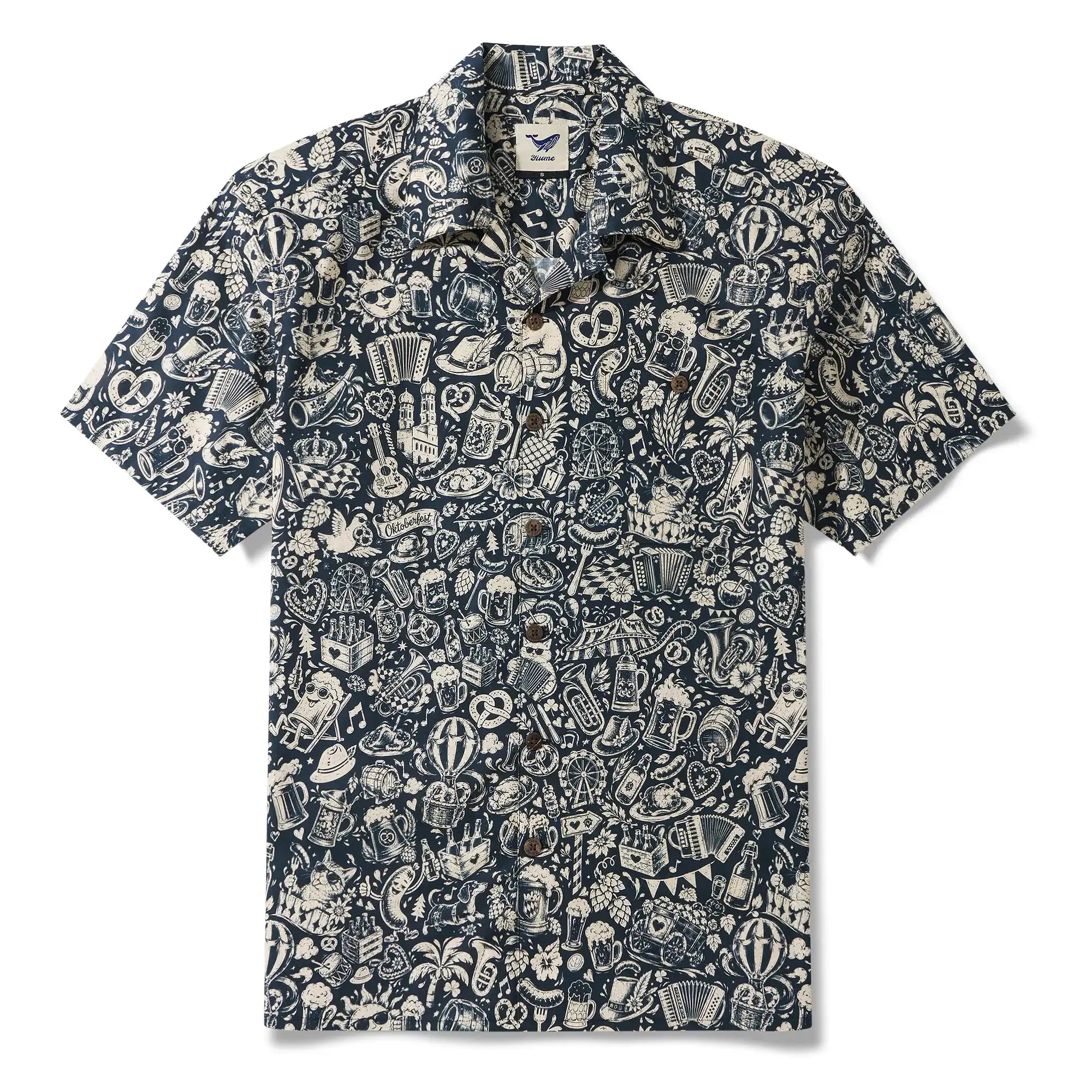 Men's Hawaiian Shirt Short Sleeve Camp Collar 100% Cotton Blue Aloha Vintage Beer Festival Cheer - Blue By Cigar