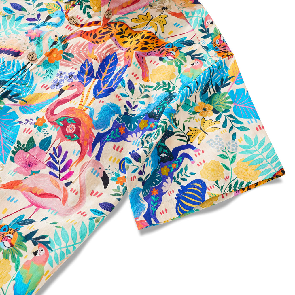 Men's Colorful Hawaiian Shirt Short Sleeve Button-down 100% Cotton Aloha Jungle Whimsy By Zeke