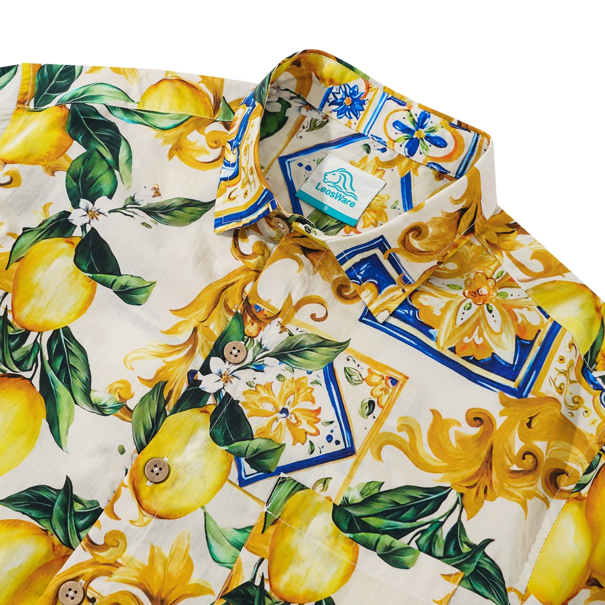 LeosWare® Men's Hawaiian Shirt Short Sleeve Button-up 100% Cotton Yellow Aloha Romantic Interplay Of Lemon And Patterns By Ethan