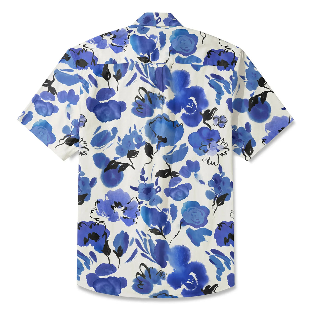 LeosWare® Men's Hawaiian Shirt Short Sleeve Button-up 100% Cotton Blue Aloha Ink Blue Florals By Huan huan
