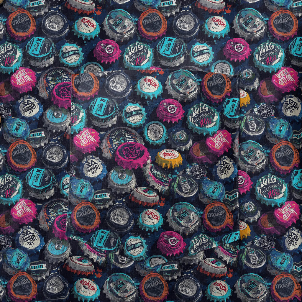 LeosWare® Men's Hawaiian Shirt Short Sleeve Button-up 100% Cotton Black Aloha Trendy Bottle Cap Graffiti By Ann