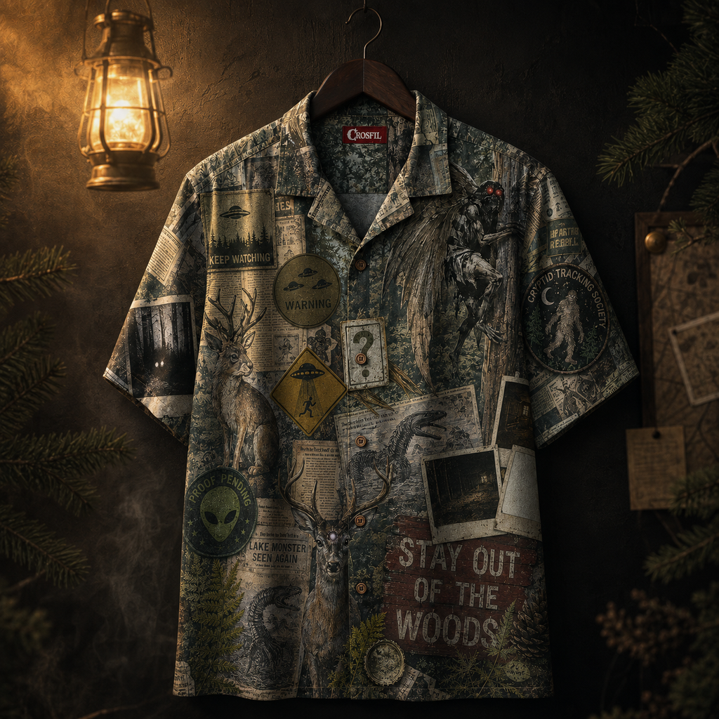 Crosfil The Evidence Wall Hawaiian Shirt — Cryptid Patch & Polaroid Print