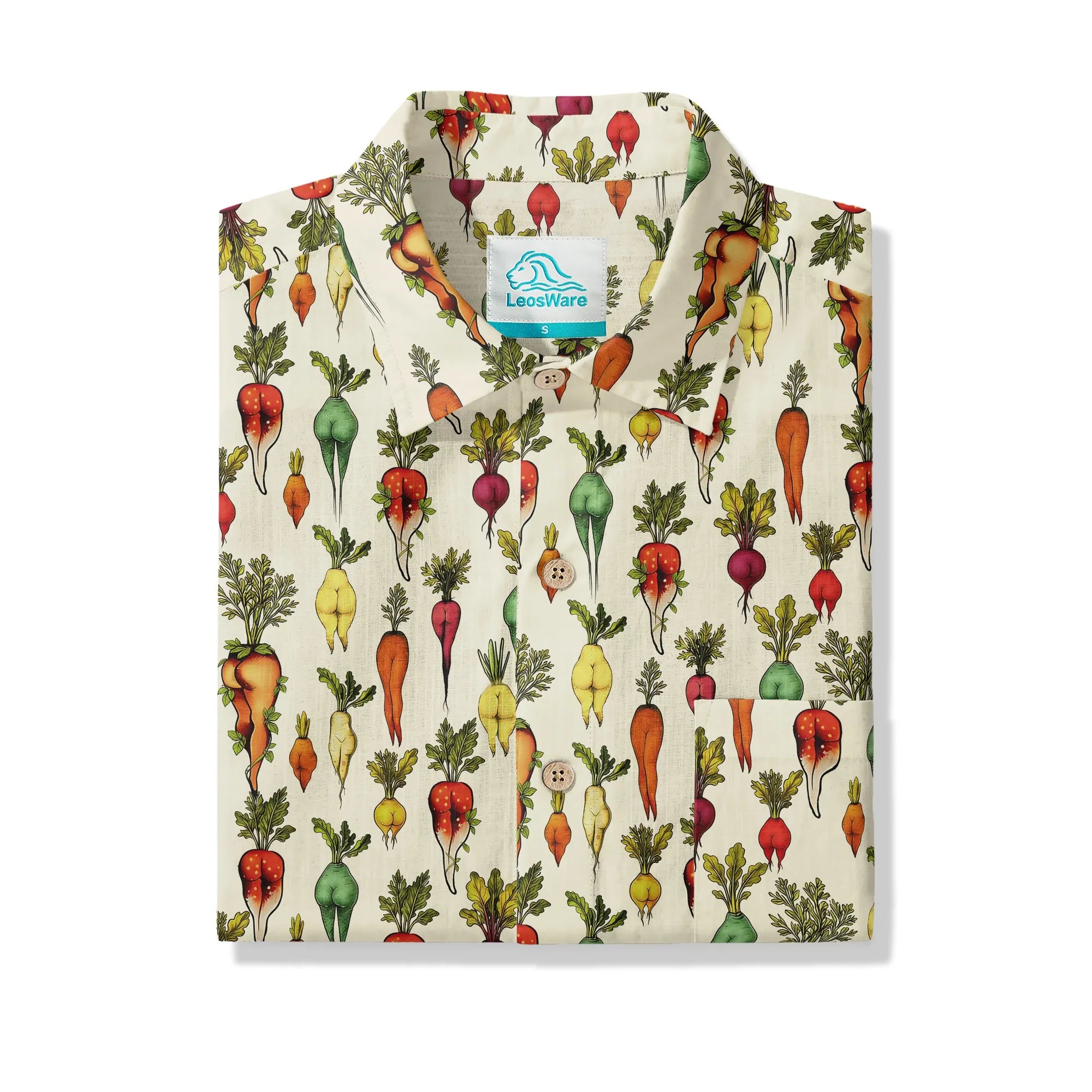 LeosWare® Carrot Men's Hawaiian Shirt Short Sleeve Button-up 100% Cotton Beige Aloha Bootylicious Veggie Bash By Ann