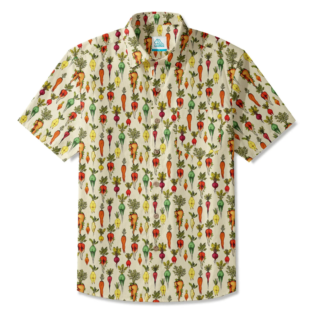 LeosWare® Carrot Men's Hawaiian Shirt Short Sleeve Button-up 100% Cotton Beige Aloha Bootylicious Veggie Bash By Ann