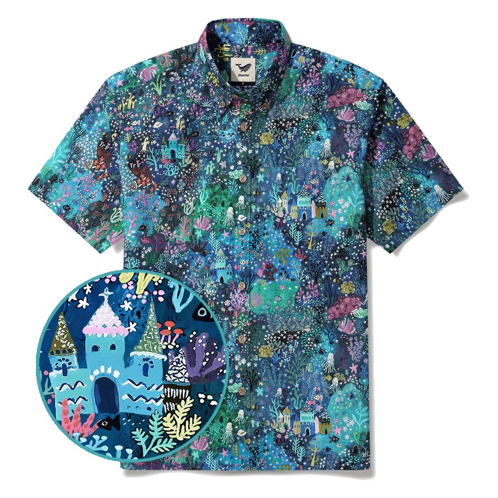 Men's Hawaiian Shirt Short Sleeve Button-down 100% Cotton Blue Aloha Enchanted Underwater World By Mo