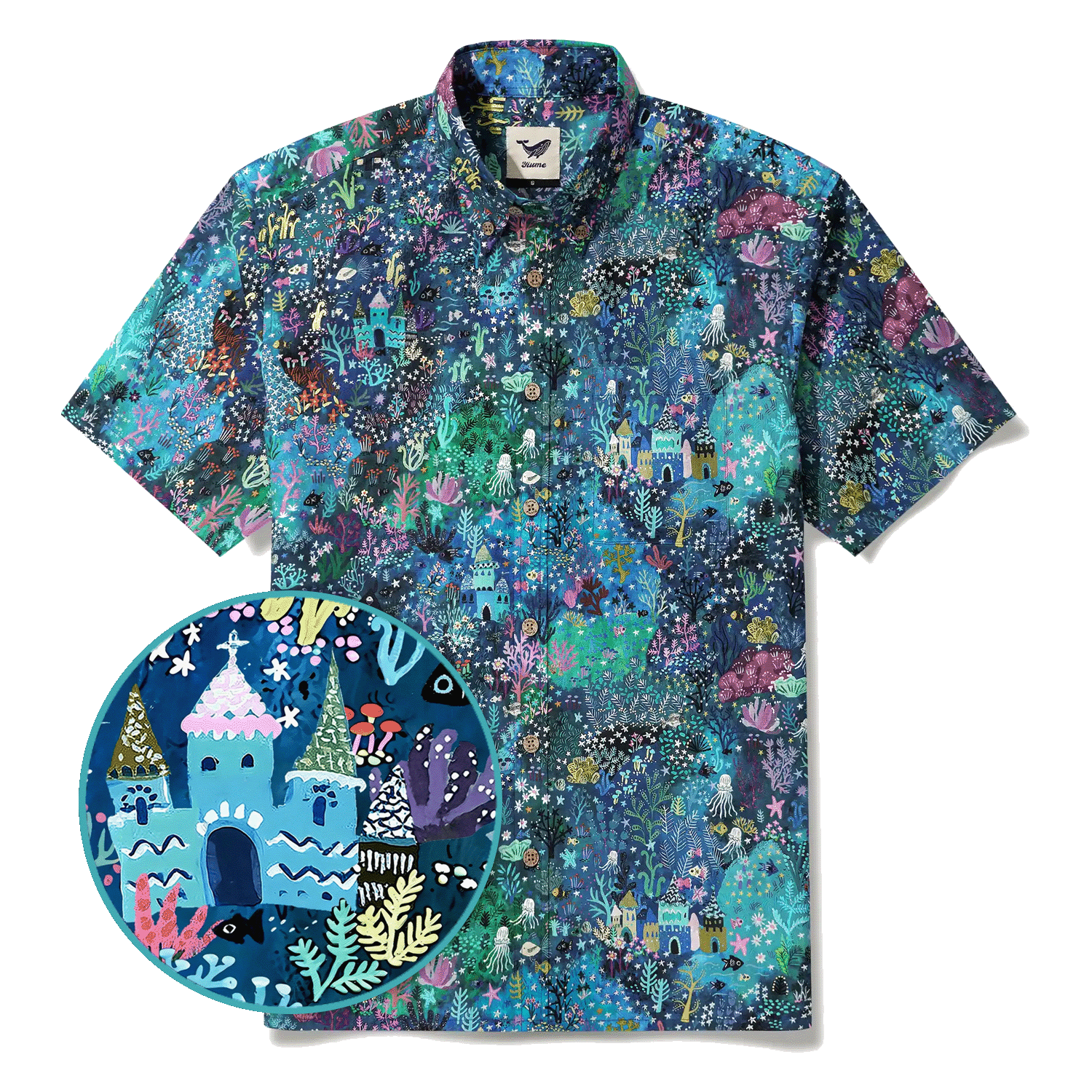 Men's Hawaiian Shirt Short Sleeve Button-down 100% Cotton Blue Aloha Enchanted Underwater World By Mo