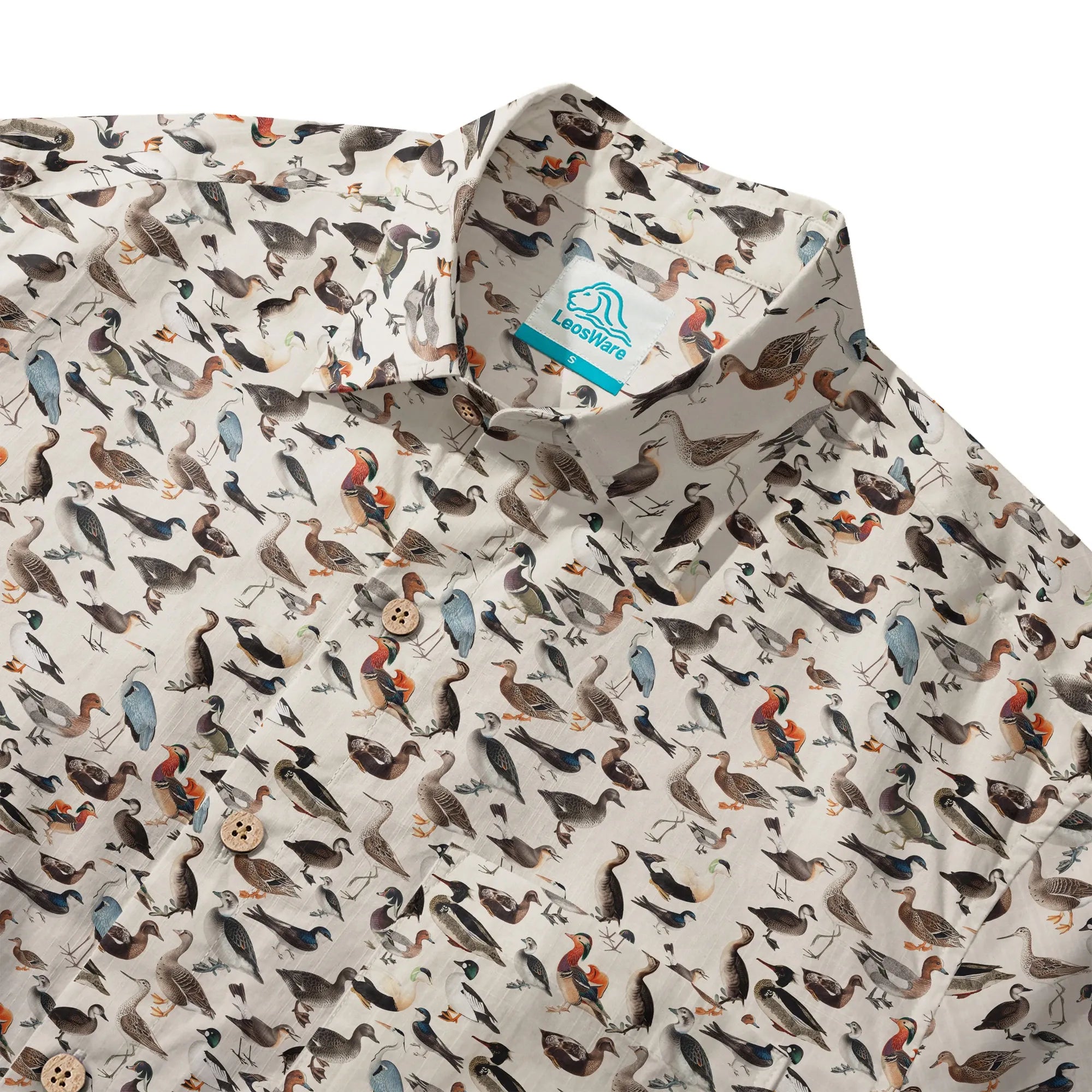 LeosWare® Men's Hawaiian Shirt Short Sleeve Button-up 100% Cotton Beige Aloha Avian Encyclopedia By Ann