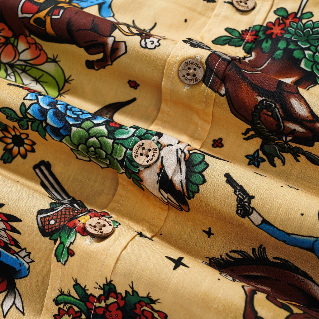 Western Cowboy Hawaiian Shirt For Men Short Sleeve Button-down 100% Cotton Desert Skull Shirt By Zeke
