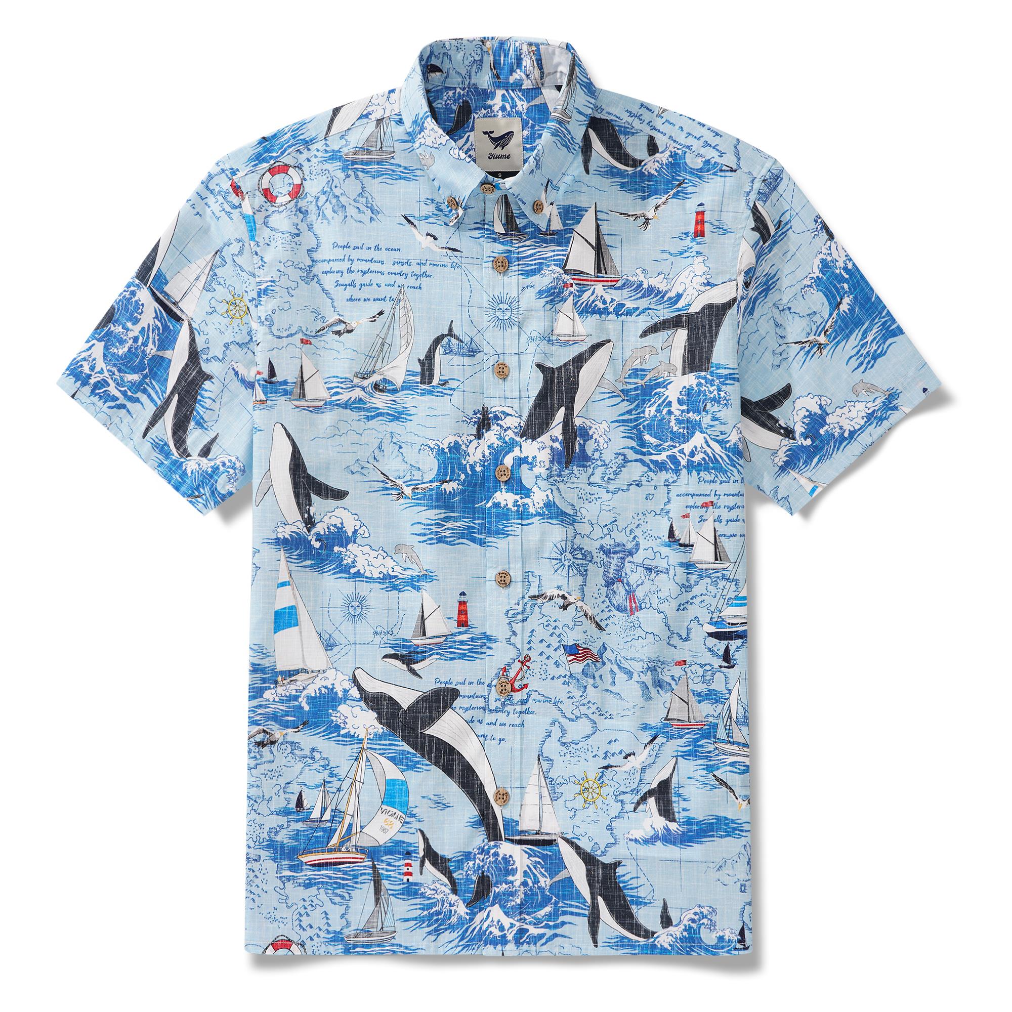 Men's Hawaiian Shirt Short Sleeve Button-down 100% Cotton White Aloha Joyful Ocean By Huan huan