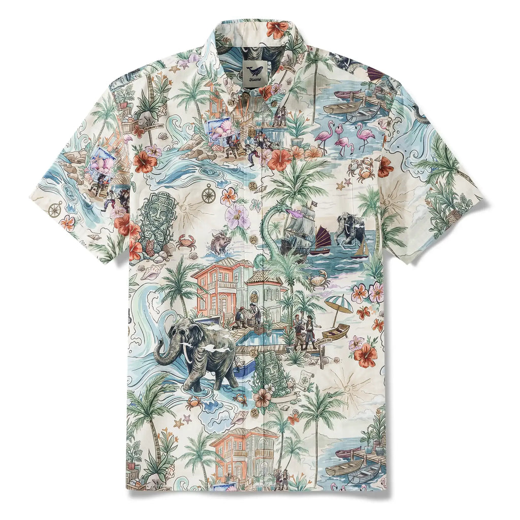 Men's Hawaiian Shirt Short Sleeve Button-down 100% Cotton Green Aloha Hidden Paradise By Huan huan