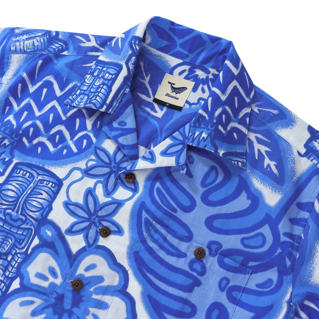 100% Cotton Hawaiian Shirt For Men Blue Tiki Camp Collar Aloha Shirt By Sun