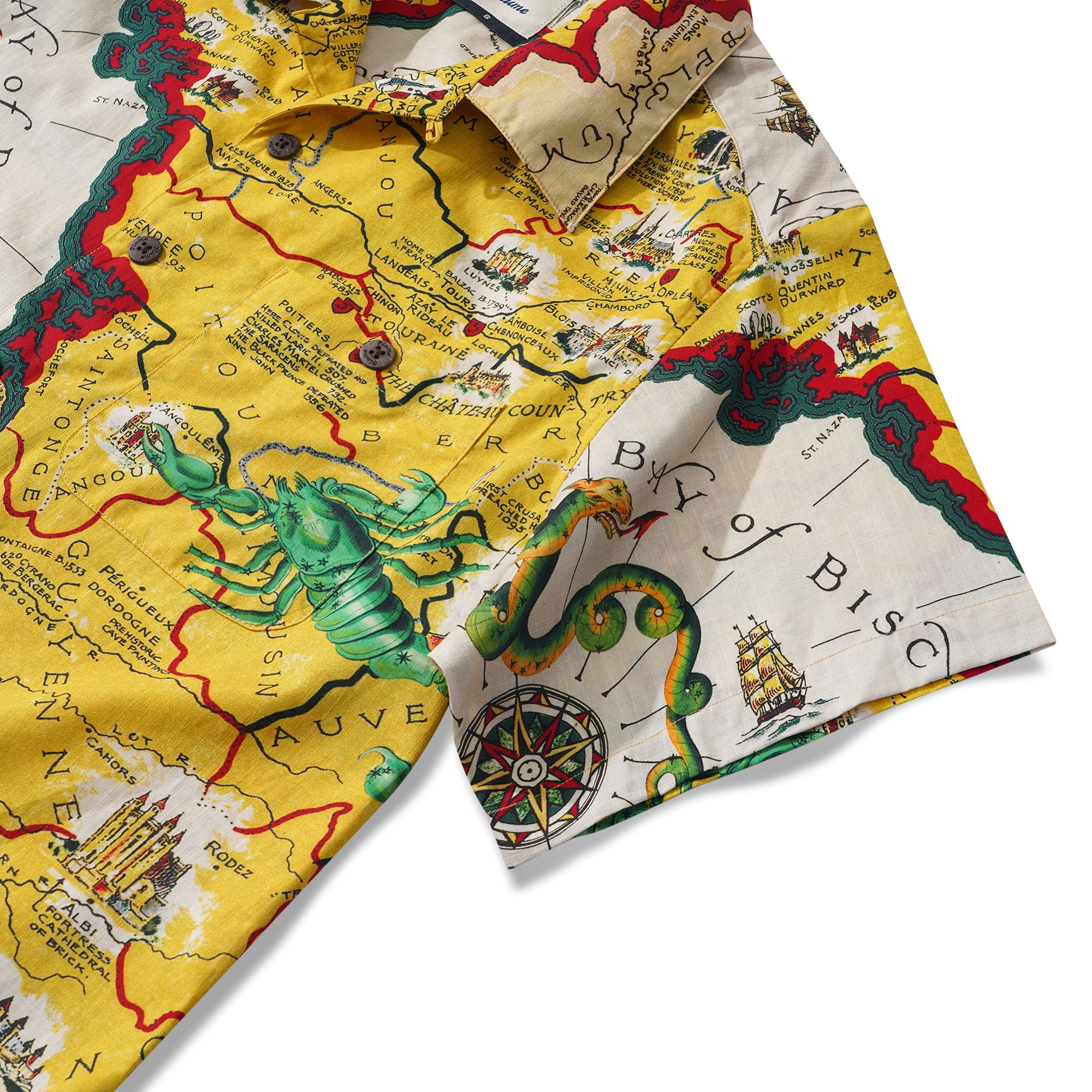 Men's Hawaiian Shirt Short Sleeve Camp Collar 100% Cotton Yellow Aloha Vintage Map By DUDU