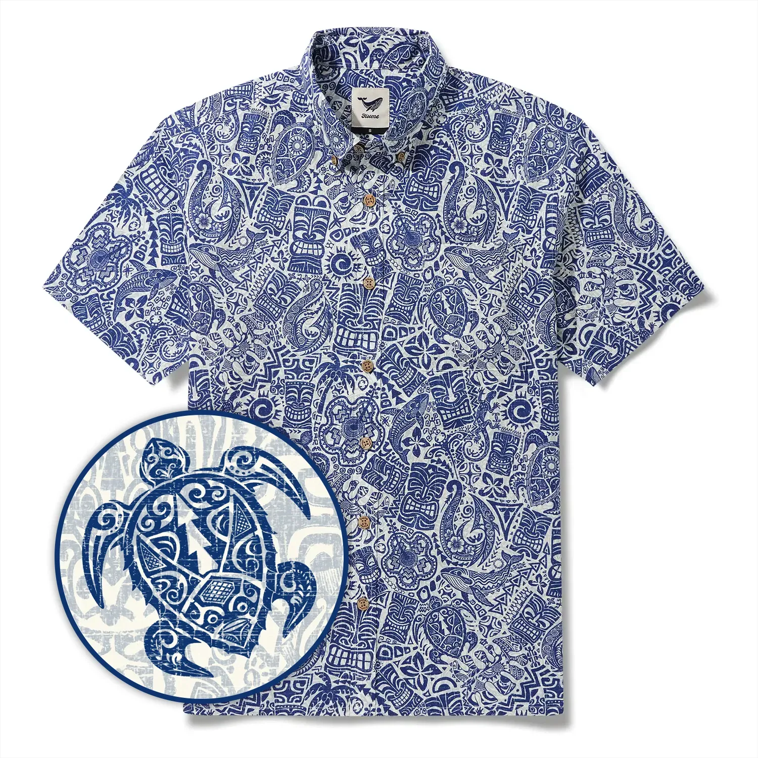 Men's Hawaiian Shirt Short Sleeve Button-down 100% Cotton Blue Aloha Tiki Retro Totem By Cigar