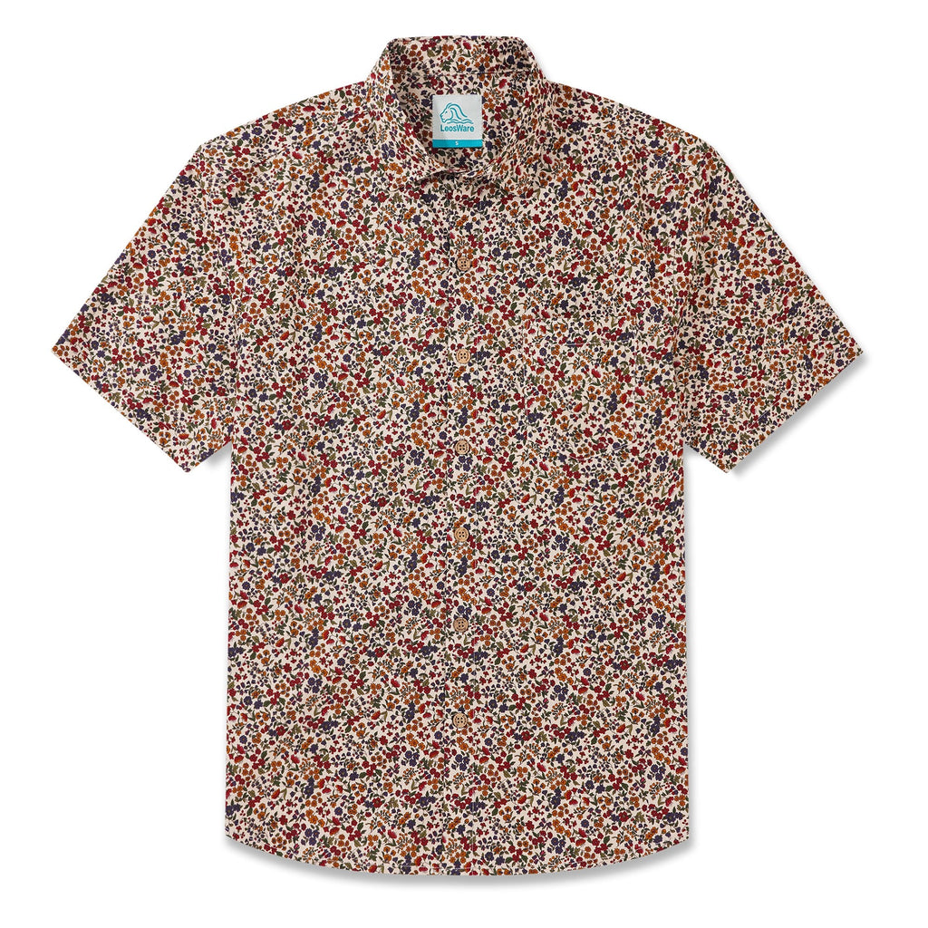 LeosWare® Men's Hawaiian Shirt Short Sleeve Button-up 100% Cotton Red Aloha Colorful Countryside Small Floral Pattern Painting By Ethan