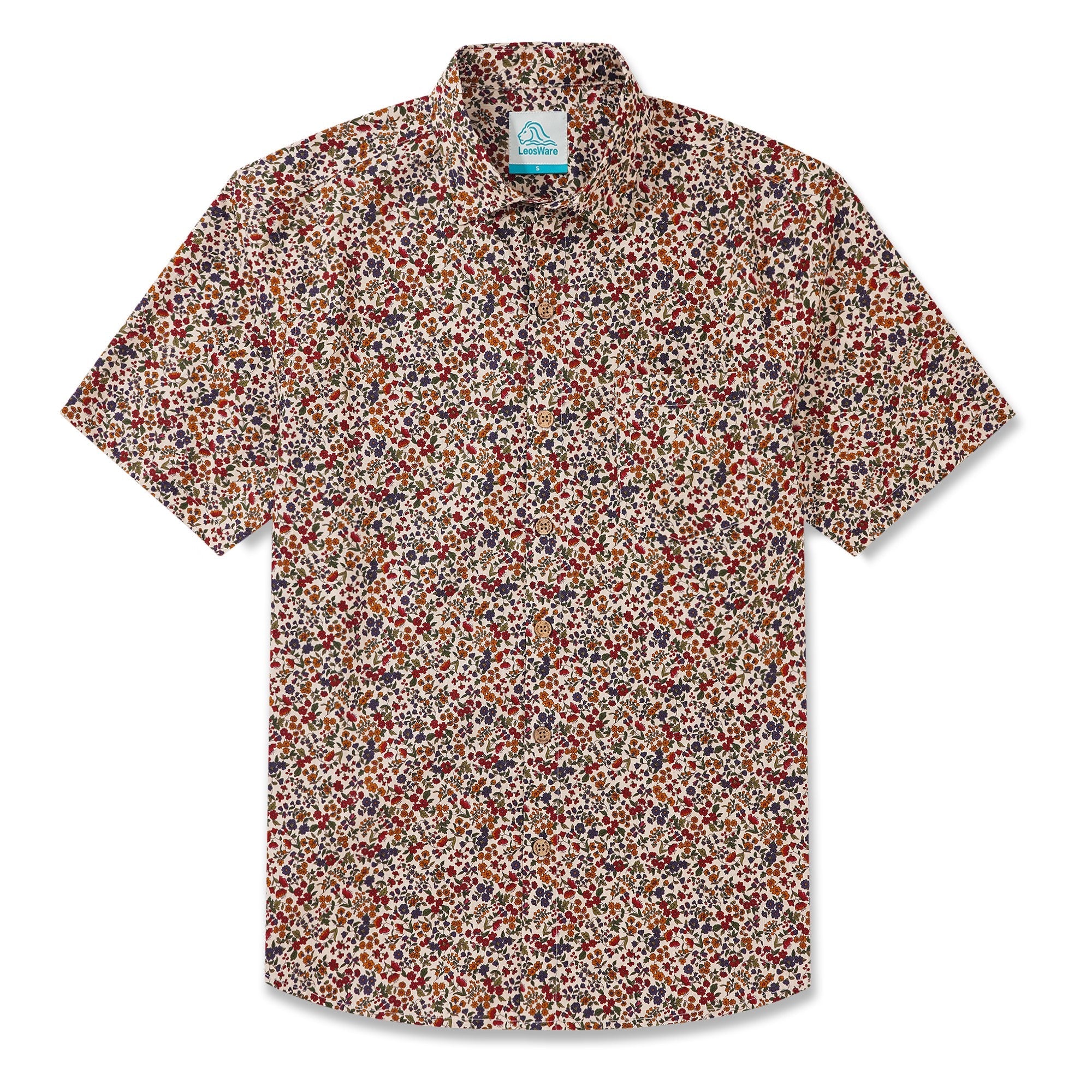 LeosWare® Men's Hawaiian Shirt Short Sleeve Button-up 100% Cotton Red Aloha Colorful Countryside Small Floral Pattern Painting By Ethan