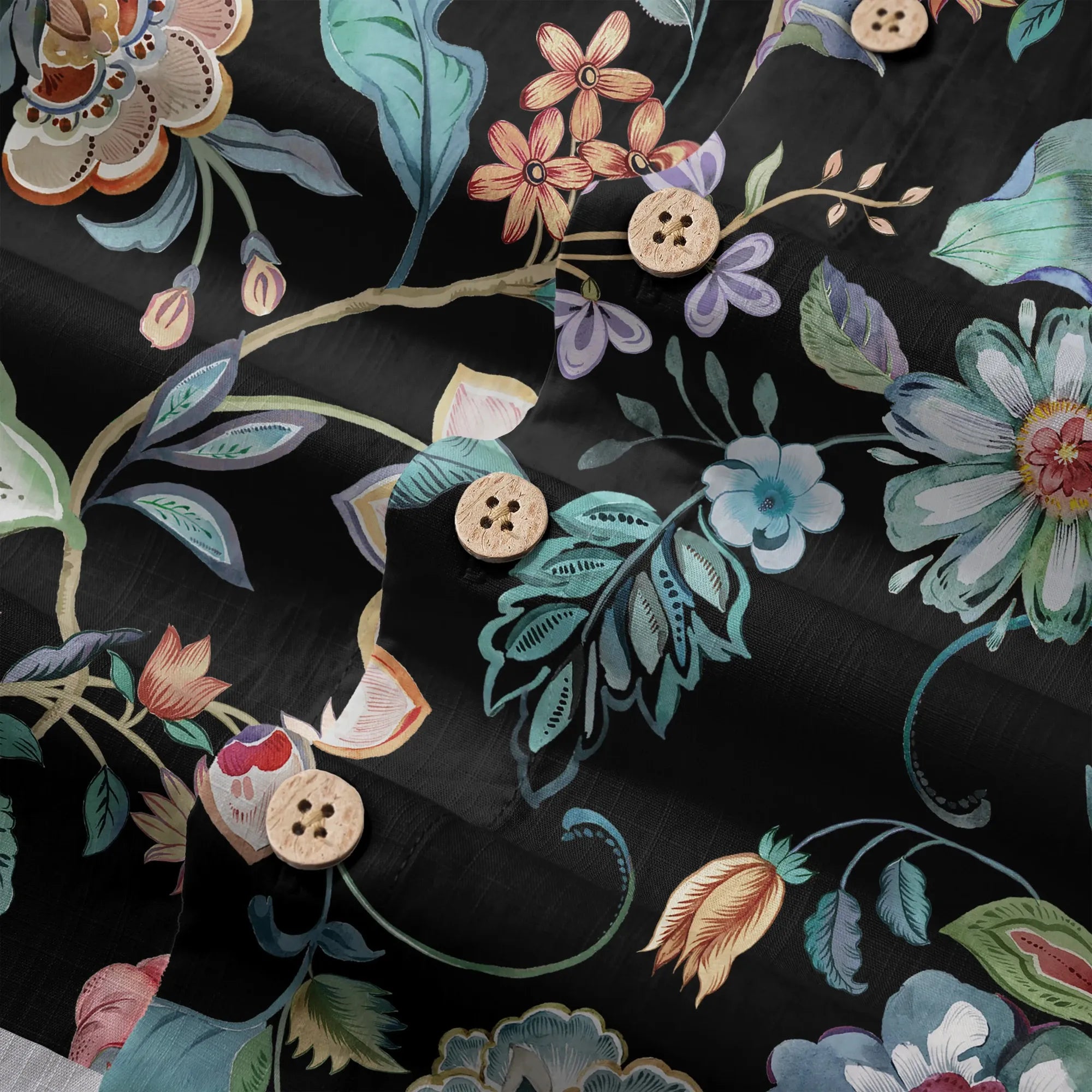 LeosWare® Men's Hawaiian Shirt Short Sleeve Button-up 100% Cotton Blue Aloha Black Garden Splendor By Huan huan