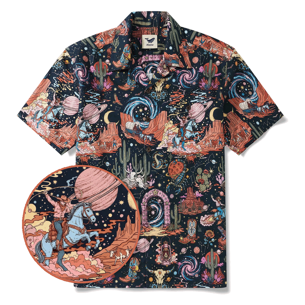 Men's Hawaiian Shirt Short Sleeve Camp Collar 100% Cotton Black Aloha Western Stardust - Black By Mo