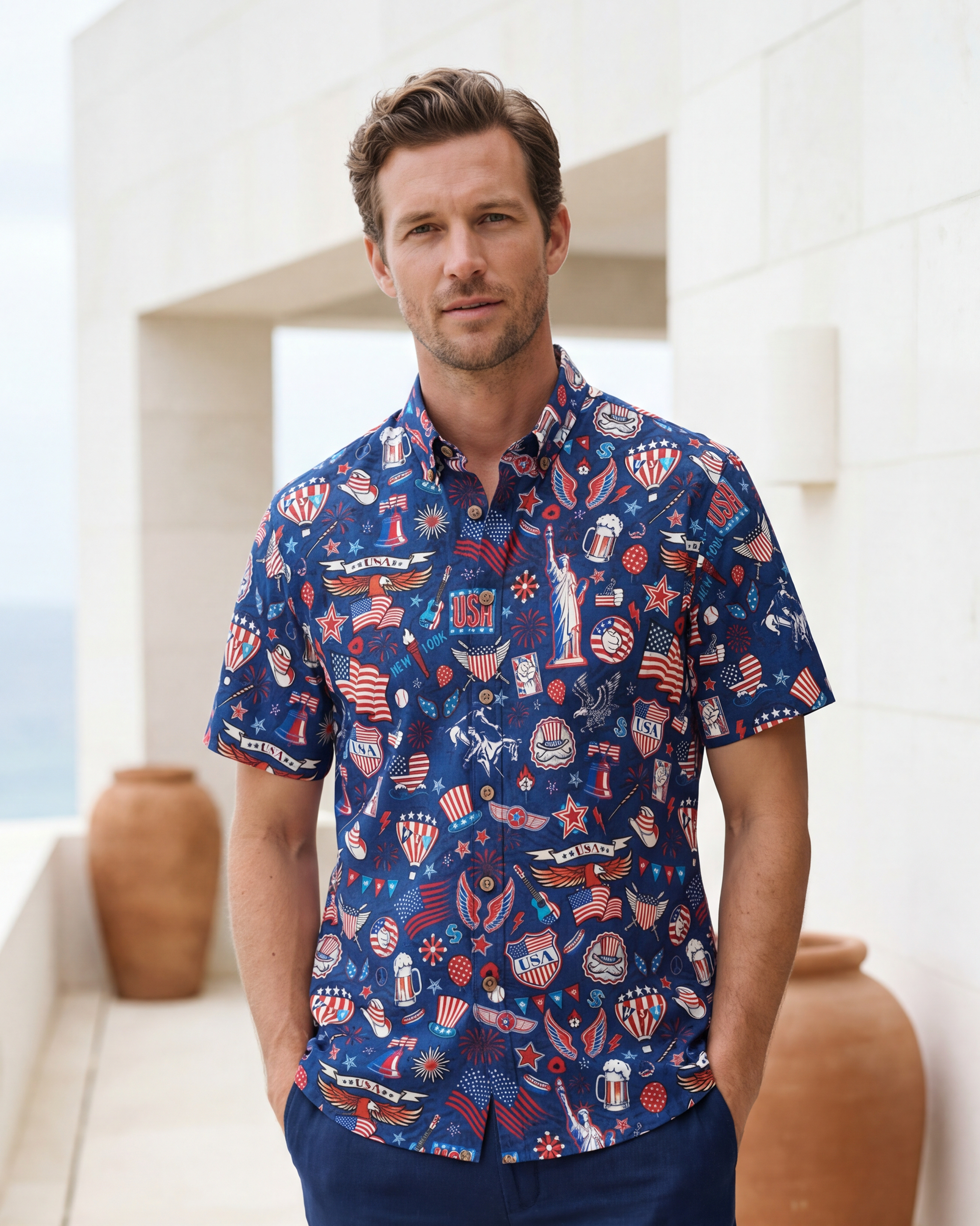Men's Hawaiian Shirt Short Sleeve Button-down 100% Cotton Blue Aloha Liberty’s Patriot Canvas By Cigar