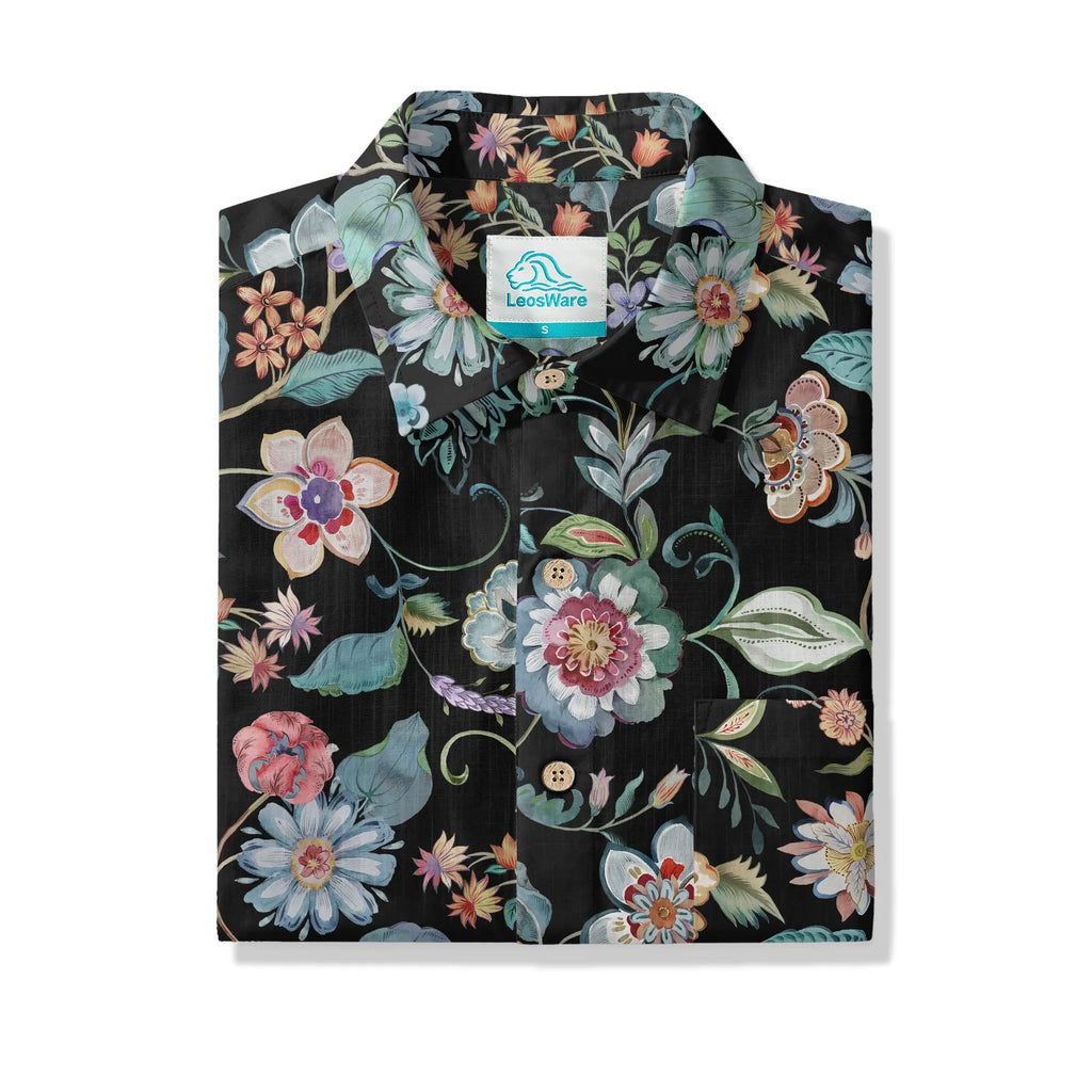 LeosWare® Men's Hawaiian Shirt Short Sleeve Button-up 100% Cotton Blue Aloha Black Garden Splendor By Huan huan