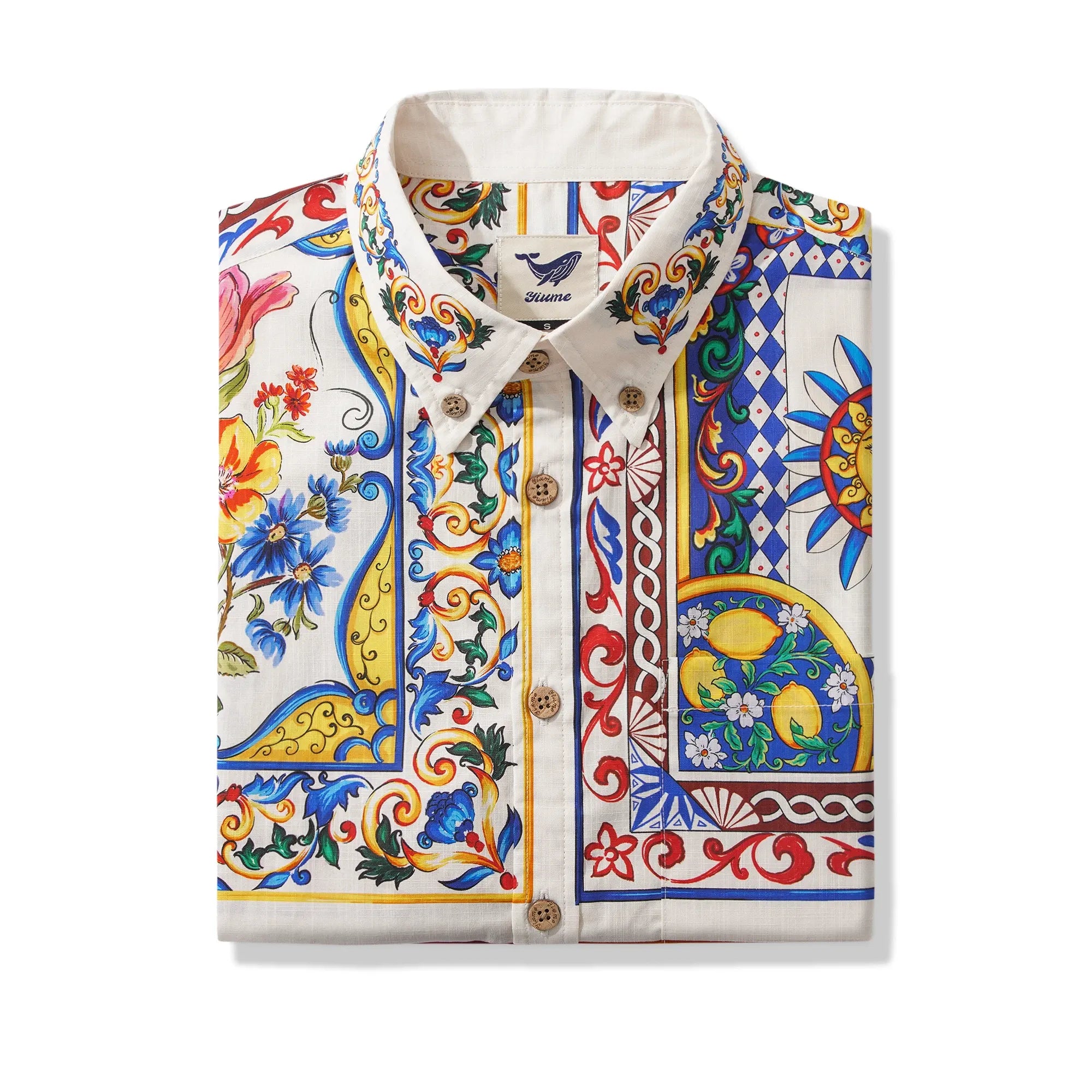 Men's Hawaiian Shirt Short Sleeve Button-down 100% Cotton Blue Flower Aloha Lemon Sicily Venice By Huan huan