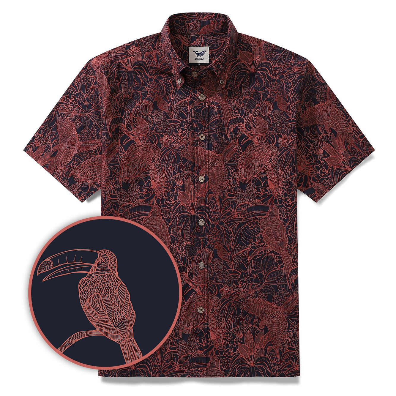 Men's Breathable Shirt Red Hawaiian Shirt Birds Print 100% Cotton Short Sleeve Button-down Shirt By Sun