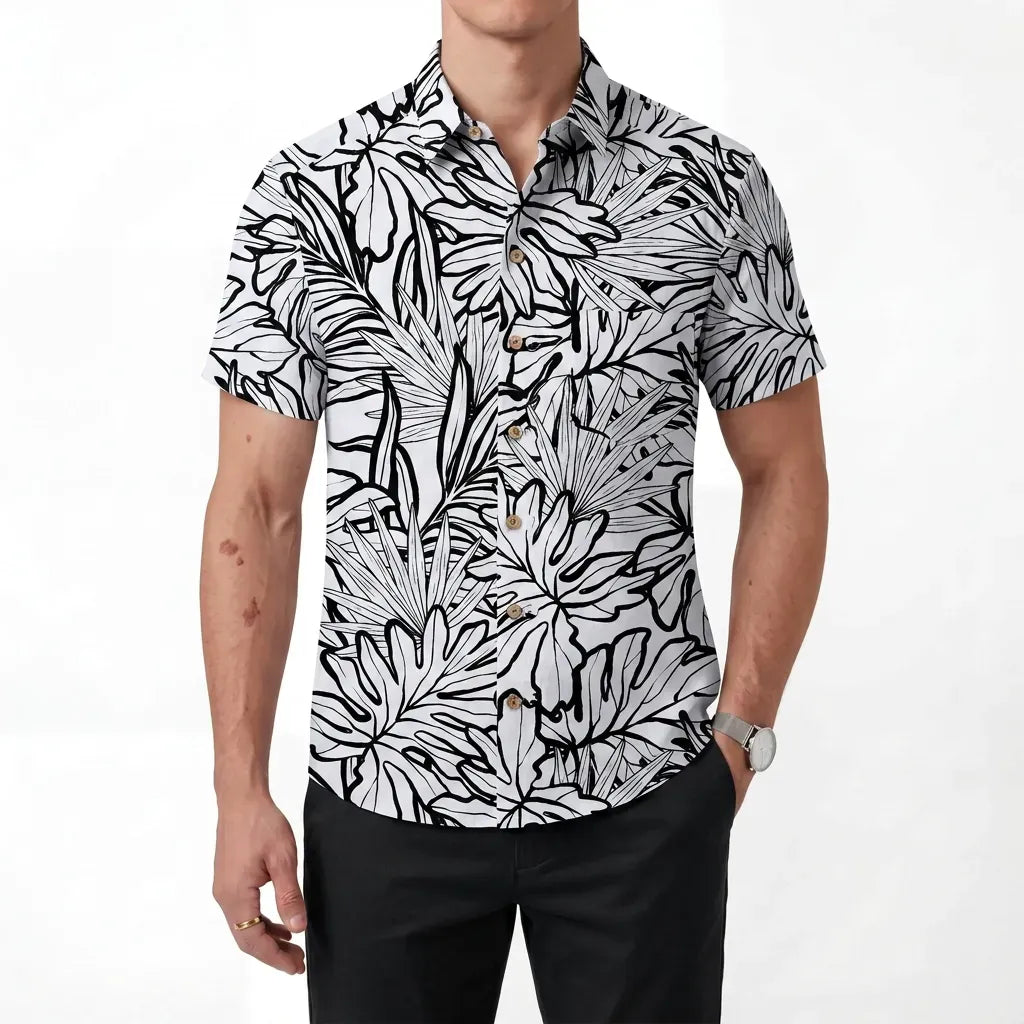 LeosWare® Men's Hawaiian Shirt Short Sleeve Button-up 100% Cotton Black Aloha Tropical Leaf Rhythm By Huan huan