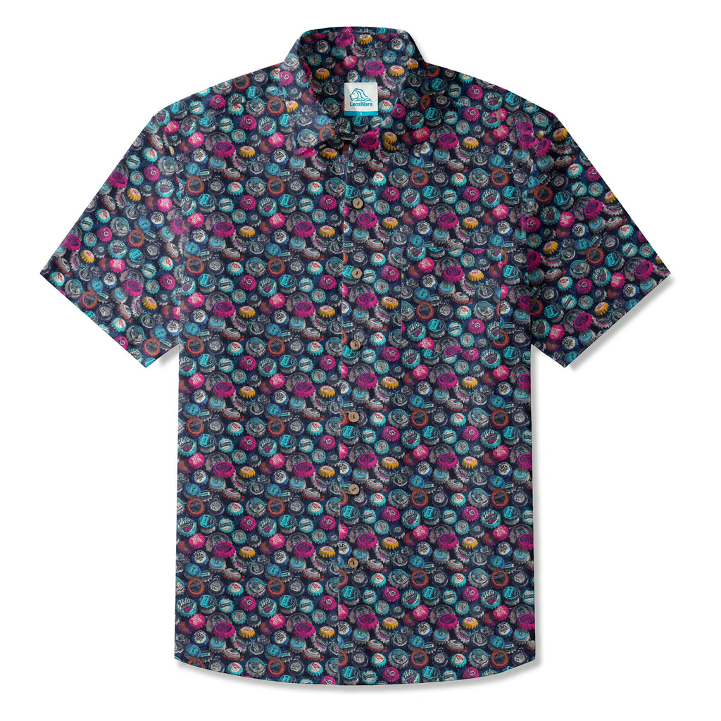 LeosWare® Men's Hawaiian Shirt Short Sleeve Button-up 100% Cotton Black Aloha Trendy Bottle Cap Graffiti By Ann