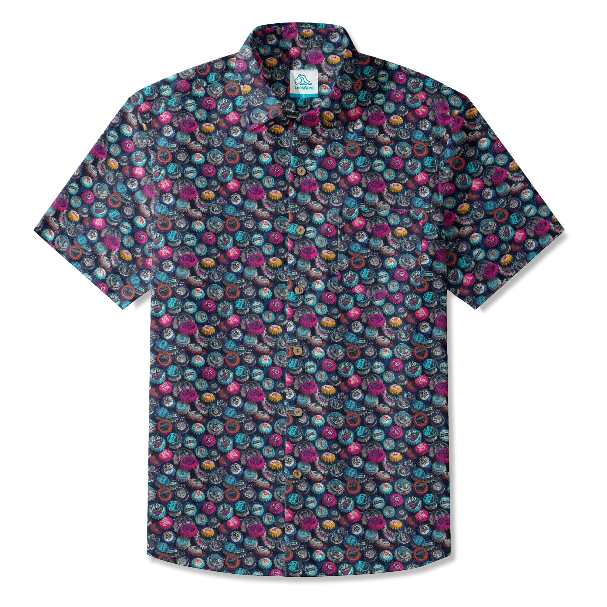 LeosWare® Men's Hawaiian Shirt Short Sleeve Button-up 100% Cotton Black Aloha Trendy Bottle Cap Graffiti By Ann