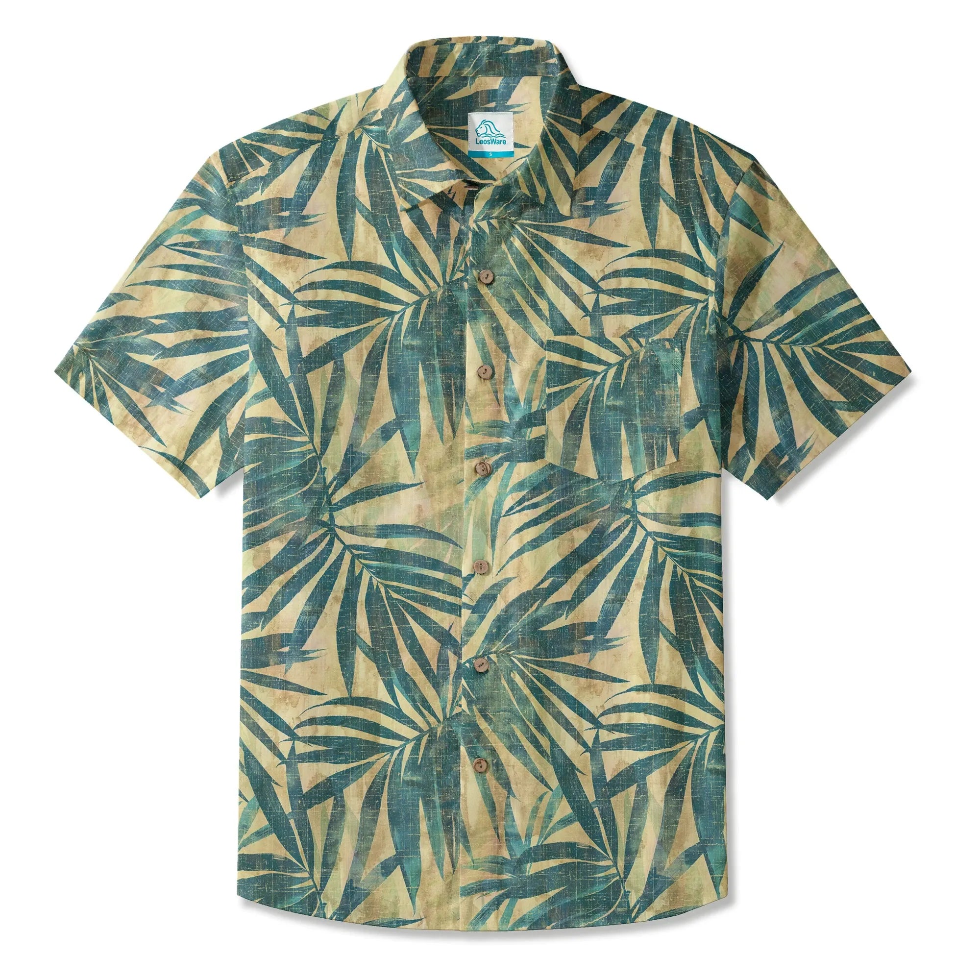 LeosWare® Men's Hawaiian Shirt Short Sleeve Button-up 100% Cotton Green Aloha Vintage Palm By Ann