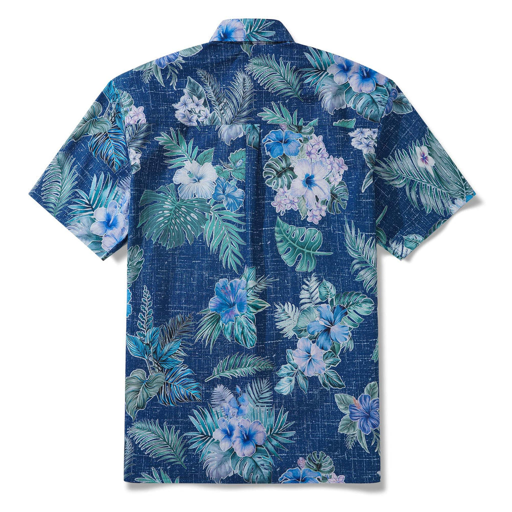 Men's Hawaiian Shirt Short Sleeve Button-down 100% Cotton Green Aloha Tranquil Blue Blossoms By Yakima