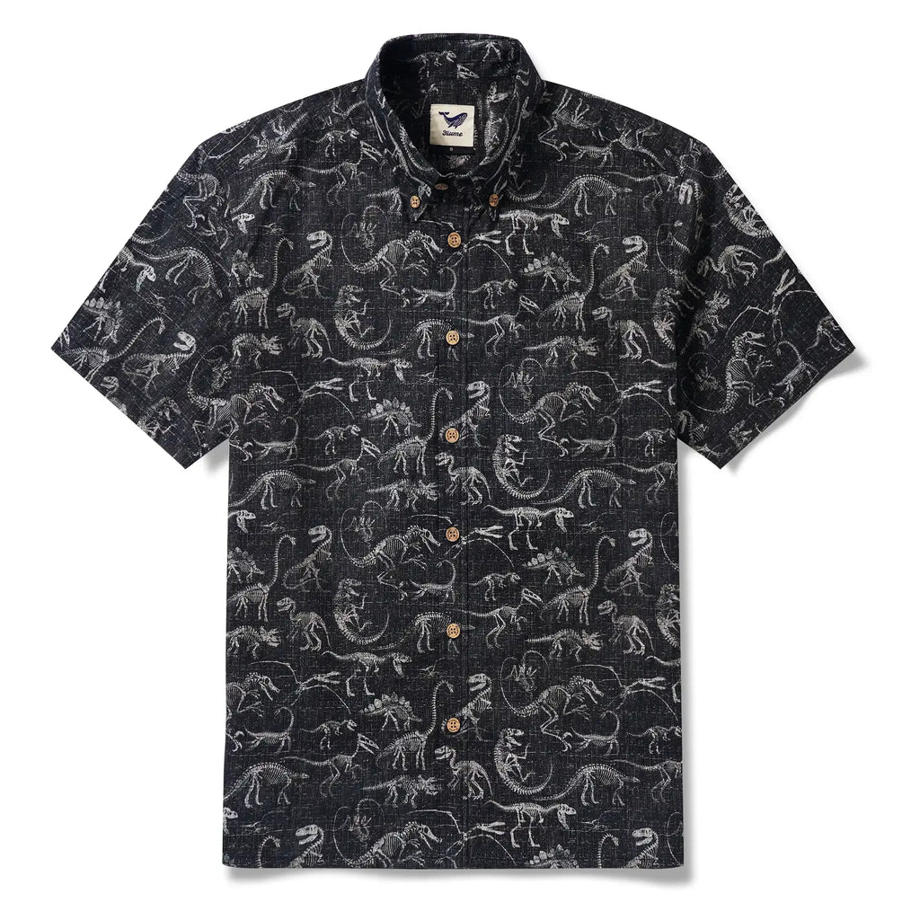 Men's Hawaiian Shirt Short Sleeve Button-down 100% Cotton Black Aloha Dinosaur Fossil Imprint By DUDU