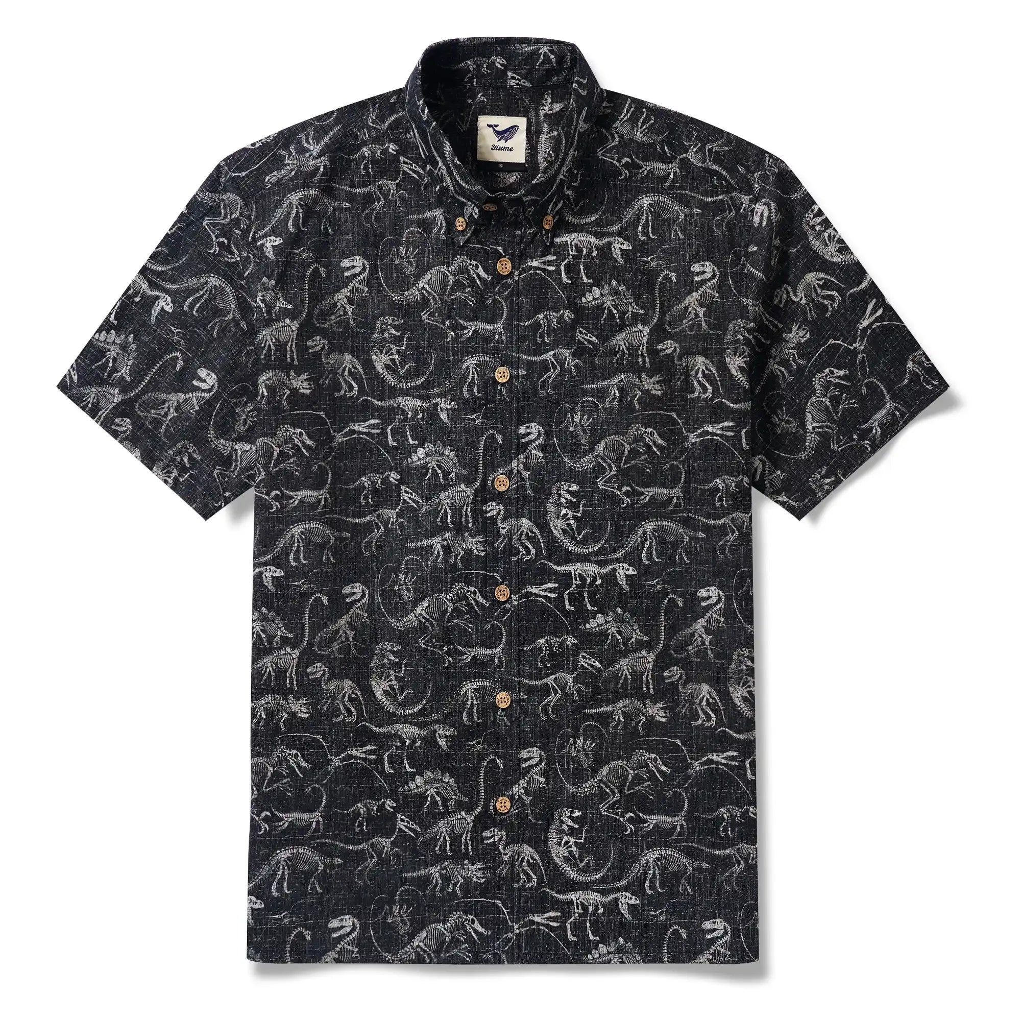 Men's Hawaiian Shirt Short Sleeve Button-down 100% Cotton Black Aloha Dinosaur Fossil Imprint By DUDU