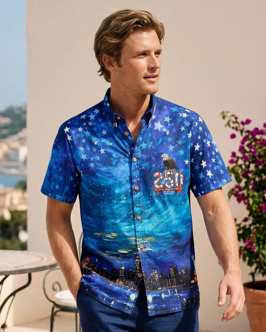 America 250 Men's Hawaiian Shirt Short Sleeve Button-down 100% Cotton Blue Aloha Starry Night Fireworks 250 Celebration By Yana