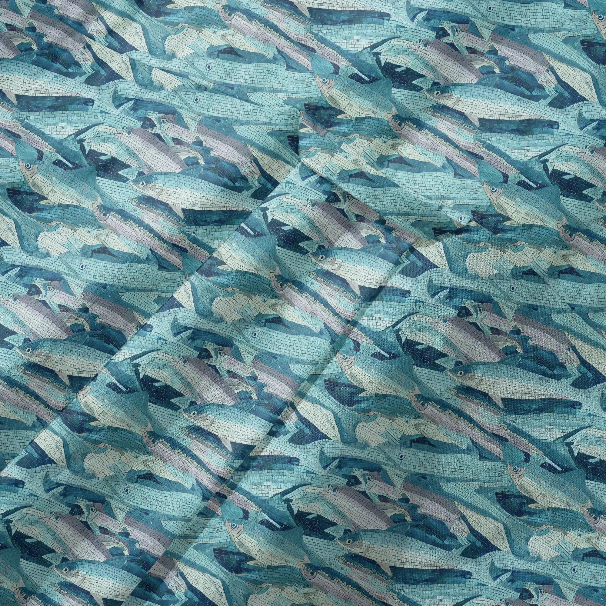 LeosWare® Men's Hawaiian Shirt Short Sleeve Button-up 100% Cotton Blue Aloha Mosaic Of Blue School Of Fish By Ann