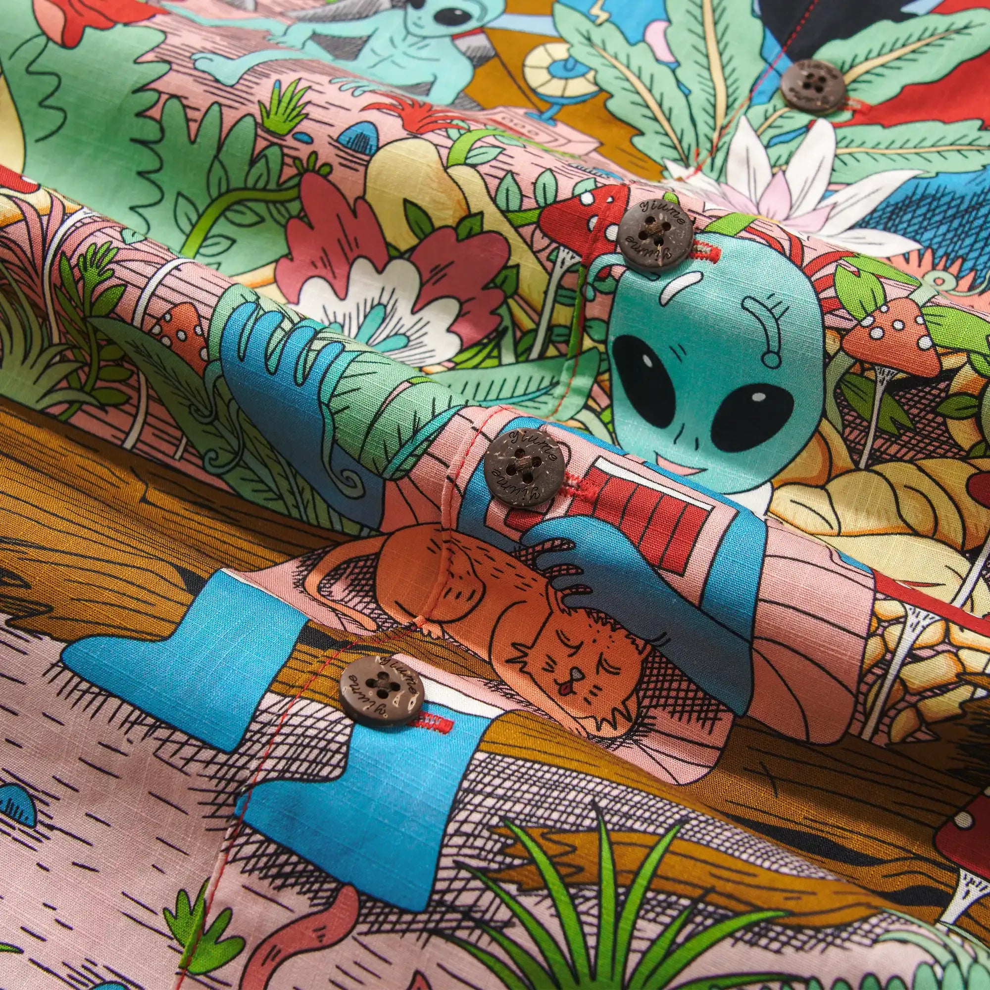 Men's Hawaiian Shirt Short Sleeve Camp Collar 100% Cotton Green Aloha Alien Galactic Garden By Huan huan