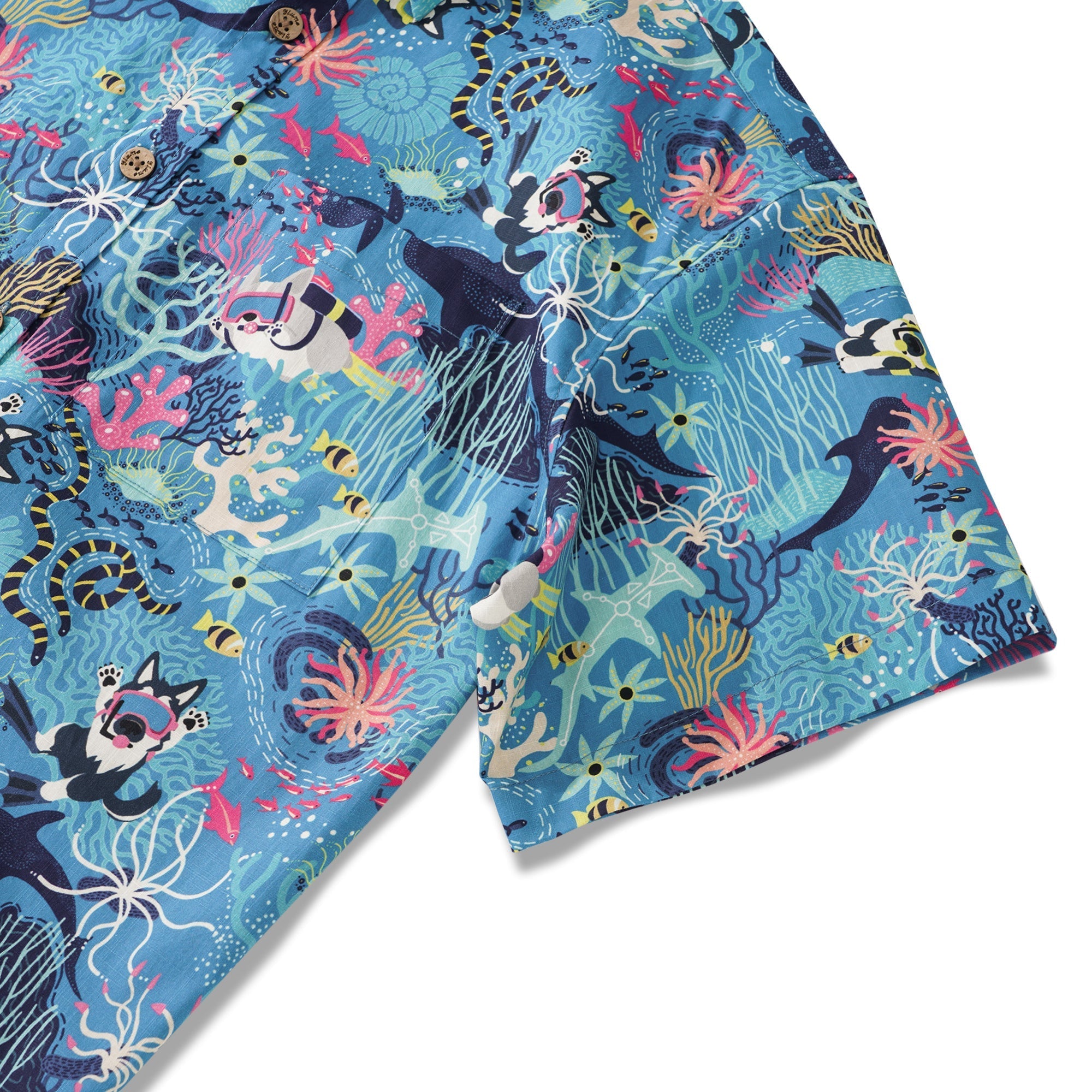 Men's Blue Hawaiian Shirt Fish & Turtle Shirt Short Sleeve Button-down 100% Cotton Blue Aloha Dive Pup By Zeke