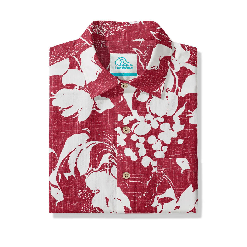 LeosWare® Flower Men's Hawaiian Shirt Short Sleeve Button-up 100% Cotton Red Aloha Crimson Blossom Harmony By Ann