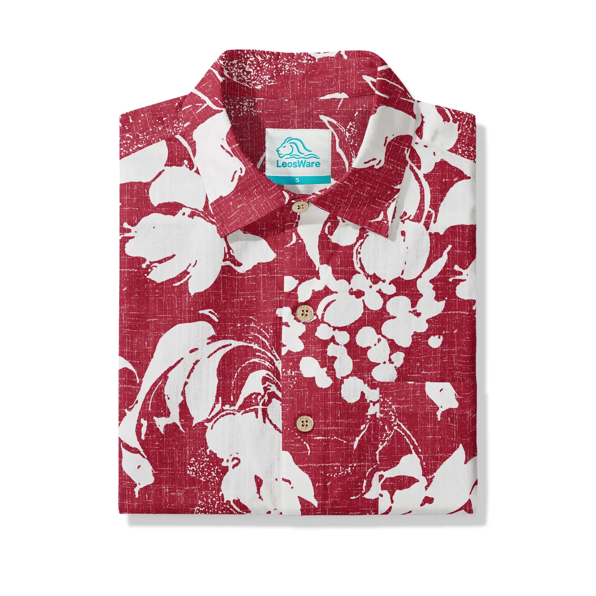 LeosWare® Flower Men's Hawaiian Shirt Short Sleeve Button-up 100% Cotton Red Aloha Crimson Blossom Harmony By Ann